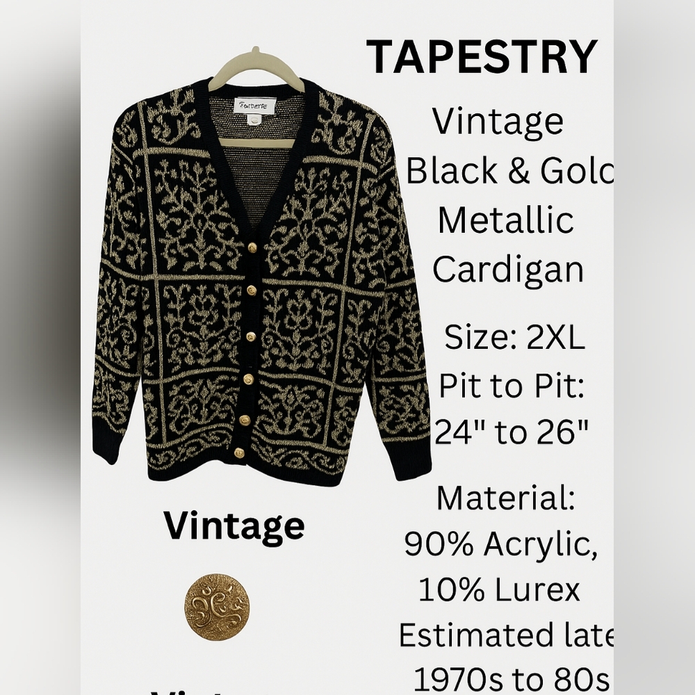 Vintage Tapestry Black & Gold Metallic Cardigan – Size 2XL